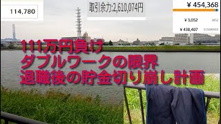 ビットコイン大暴落等で111万負け。10,11月での退職で会社と話をつけ、ズボンを買うなど散財の限りを尽くし亀有の川に飛び込んだ借金男の映像。退職後貯金を切り崩す計画話す。会社のチーム外された。