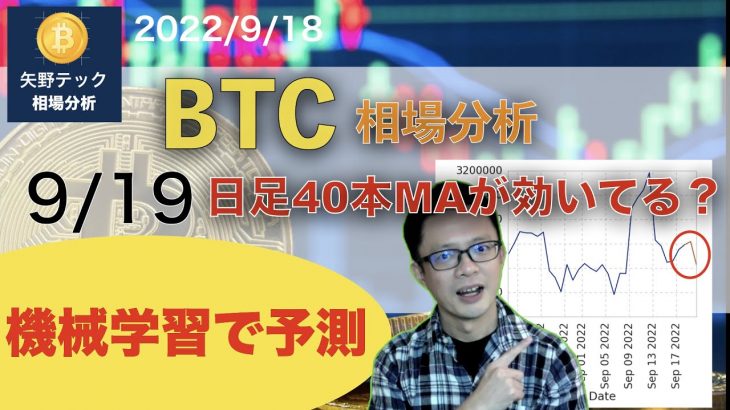 【機械学習で予想】ビットコインは9/19月曜日週明けの価格は日足40本移動平均線が壁。その後、下がると予測。