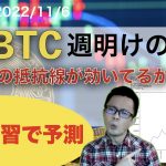 【機械学習で予想】ビットコインの11/7の予測結果。日足の前回高値と高値を引いた上側のラインで反発と予測