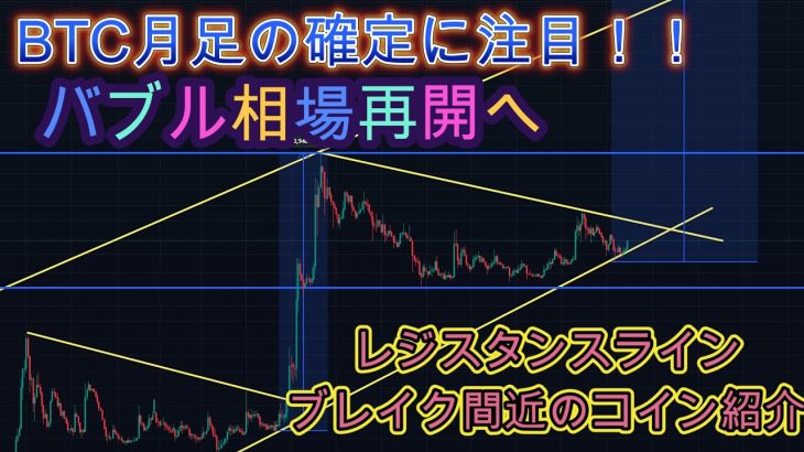 ビットコインバブル相場再開へ向けて月足確定に注目！！レジスタンスラインブレイク間近のコインも紹介。暗号資産（仮想通貨）【BTC、ADA、DOGE、GRT】