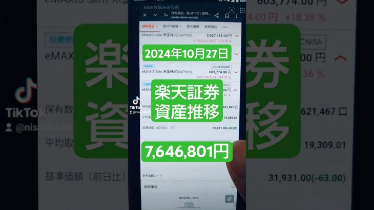 【2024年10月27日(日)】楽天・SBI証券・ビットコイン「資産の推移」→￥7,646,801円！#積立ニーサ