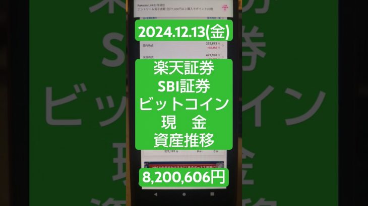 【2024年12月13日(金)】楽天・SBI証券・ビットコイン「資産の推移」→￥8,200,606円！#積立ニーサ