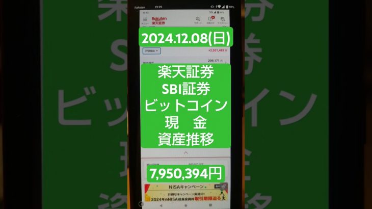 【2024年12月8日(日)】楽天・SBI証券・ビットコイン「資産の推移」→￥7,950,394円！#積立ニーサ