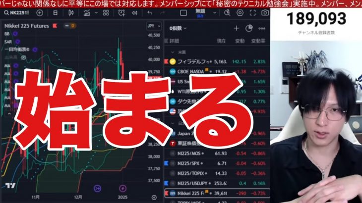 1/12【緊急事態】日経平均先物400円急落ヤバイ。トランプ関税検討で日本株急落。ファストリ急落がキツイ。自動車、半導体株急落。ドル円157円台。米国株、ナスダック、仮想通貨BTCも下落。